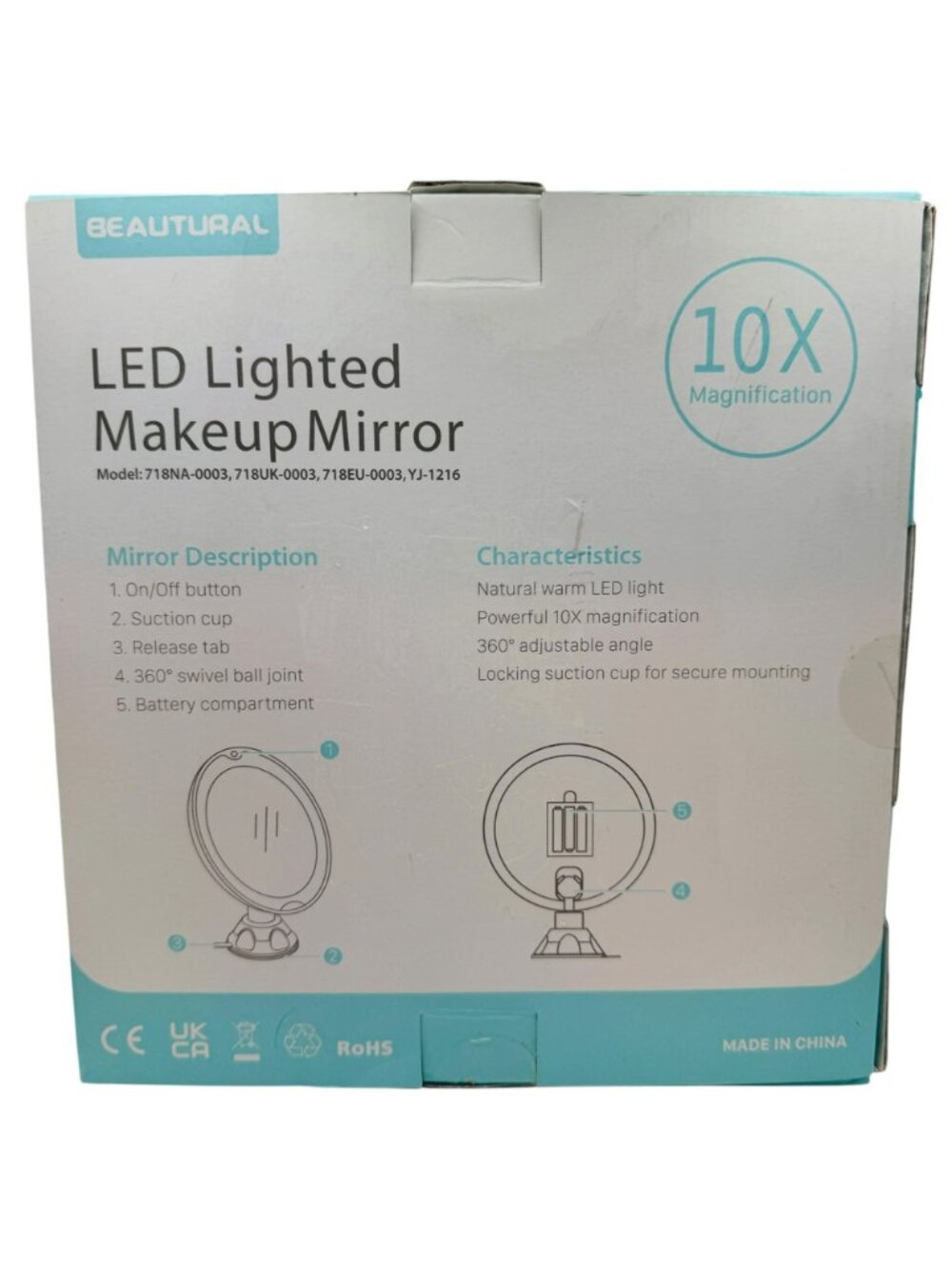 Beautural LED Lighted Makeup Mirror 10X Magnification With Suction Cup & 360° - Picture 2 of 5